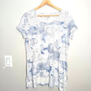 PureJill Patch Work Print Tee Casual Floral Short Sleeve Blue White Siz M Shirt